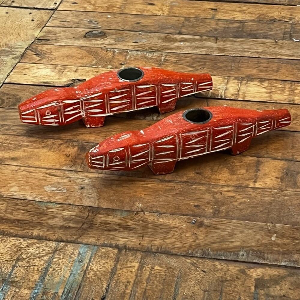 Pottery Barn Wood Carved Candlestick Holders Set of 2 8" Orange